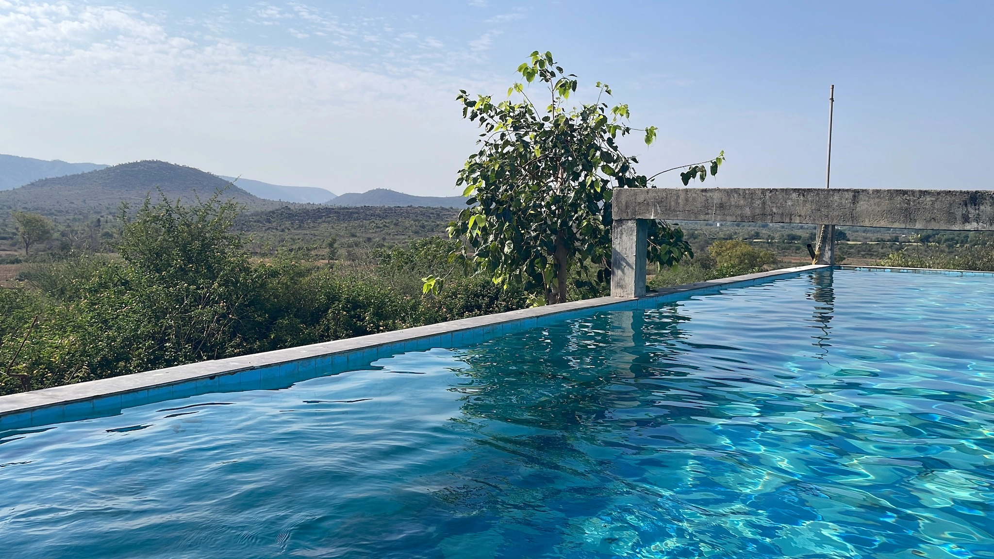 Hilltop pool at Sariska Farmstay — panoramic countryside views
